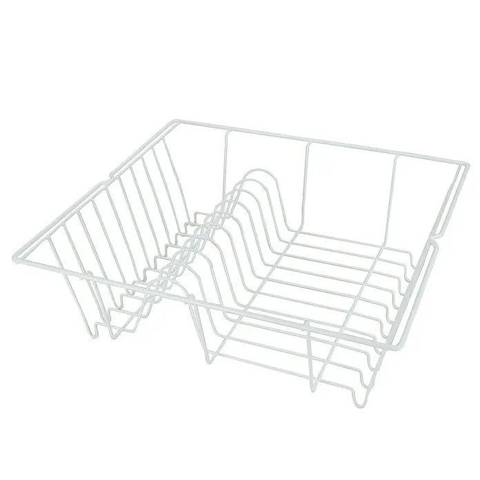 Metaltex Geschirrkorb Piccolo - L x B x H: 36 x 33 x 12 cm, Weiß - Ein weißer Drahtgeschirrständer auf schwarzem Hintergrund. Der Abtropfständer ist leer und bereit zum Trocknen von Geschirr und Besteck.