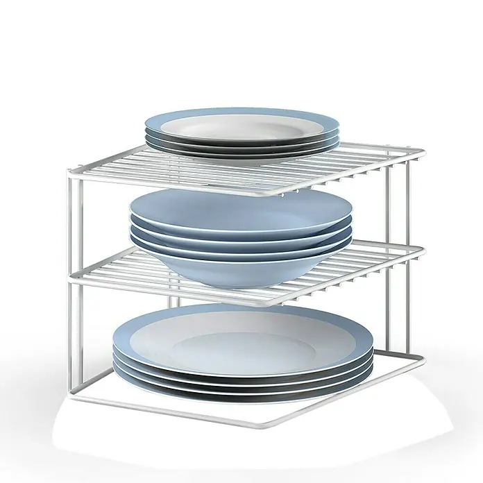 Metaltex Eckschrank-Einsatz Silos - L x B x H: 25 x 25 x 19 cm, Metall - Küchenorganizer mit drei Ebenen, gefüllt mit Tellern und Schüsseln, für mehr Stauraum und Ordnung in der Küche.