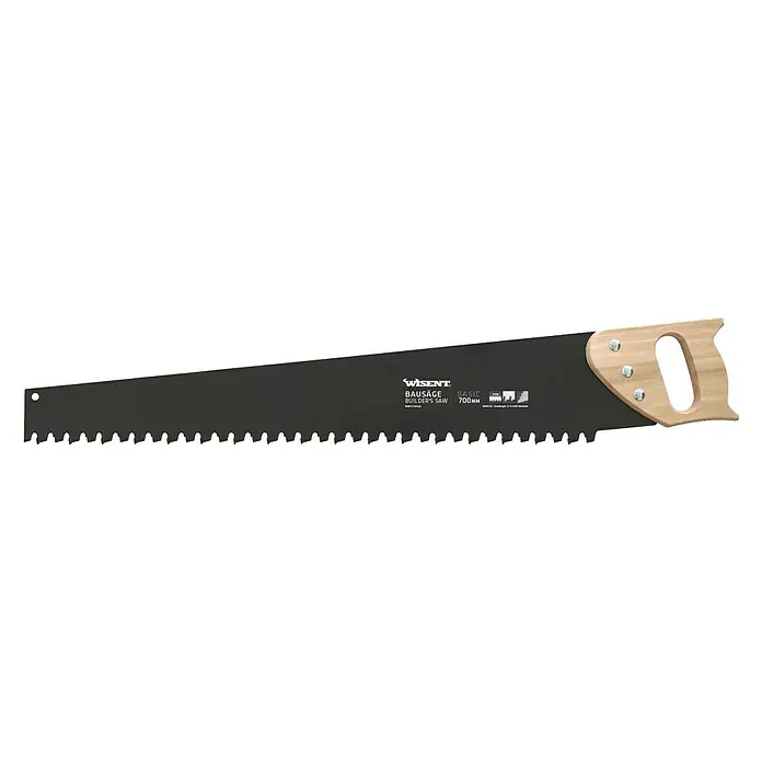 Wisent Porenbetonsäge - Blattlänge: 700 mm, Einsatzbereich: Porenbeton - Eine Handsäge, ideal für Bauarbeiten, mit einem ergonomischen Holzgriff und einer schwarzen Klinge mit scharfen Zähnen.