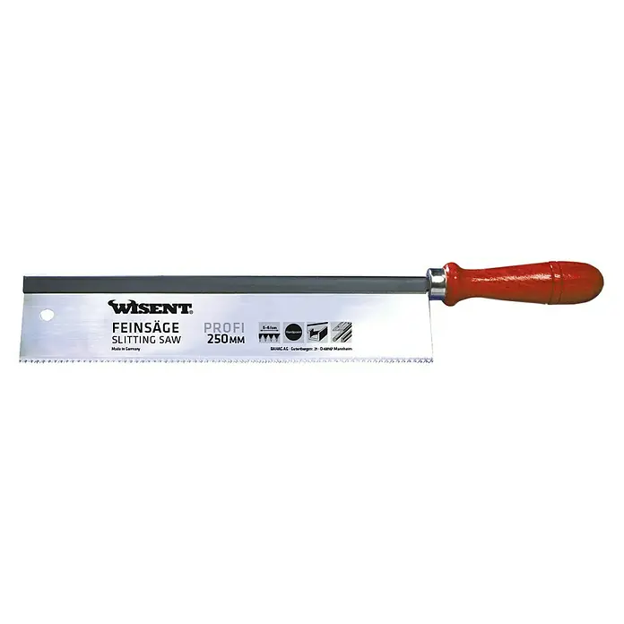 Wisent Zugsäge - Länge: 250 mm, Stahl, Gerade - Nahaufnahme einer Wisent Feinsäge 250mm mit Holzgriff, ideal für präzise Holzarbeiten und feine Schnitte in Werkstätten.