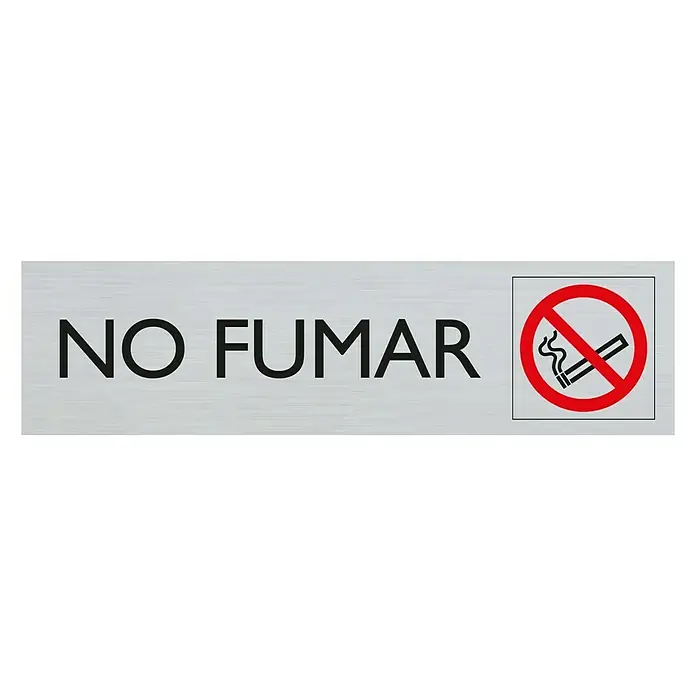 Pickup Rótulo - Plateado, Motivo: Prohibido fumar - La imagen muestra un cartel plateado de "No Fumar" con letras negras y un símbolo rojo de prohibido fumar sobre un fondo negro.