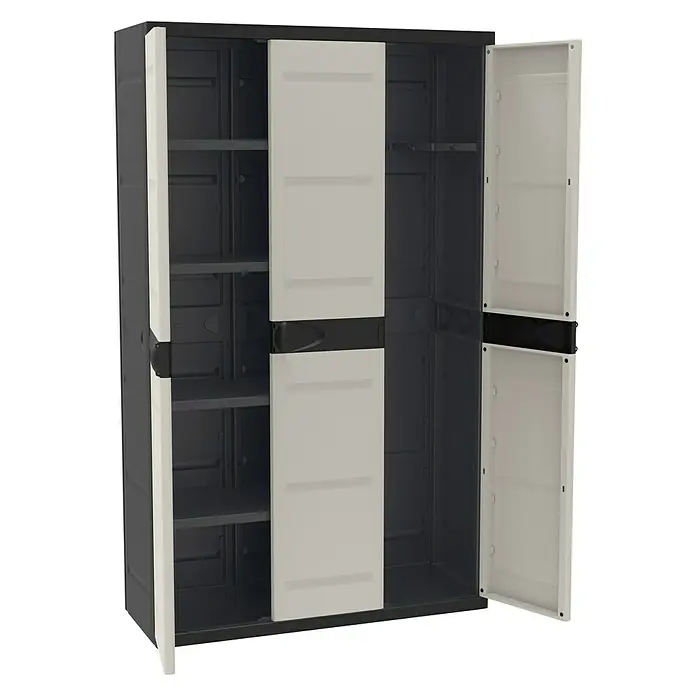 Plastiken Titanium Armario multiusos de plástico - L x An x Al: 44 x 105 x 176 cm, Número de puertas: 3 ud., Gris/Negro - Espacioso armario de plástico con puertas abiertas, ideal para almacenamiento interior y exterior. Práctico y duradero.