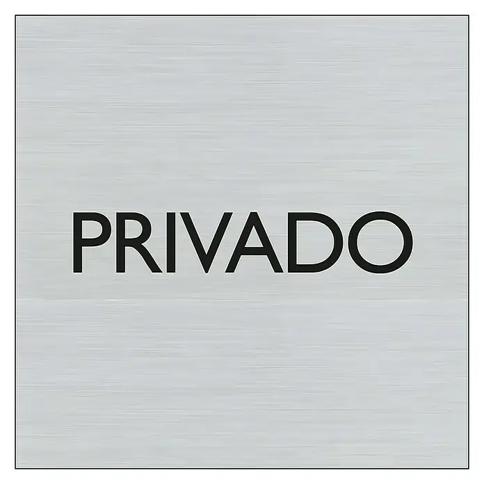 Pickup Rótulo - Plateado, Motivo: Privado, 8 x 8 cm - Letrero con la palabra "PRIVADO" en letras negras sobre un fondo metálico plateado cepillado, lo que indica un área privada.