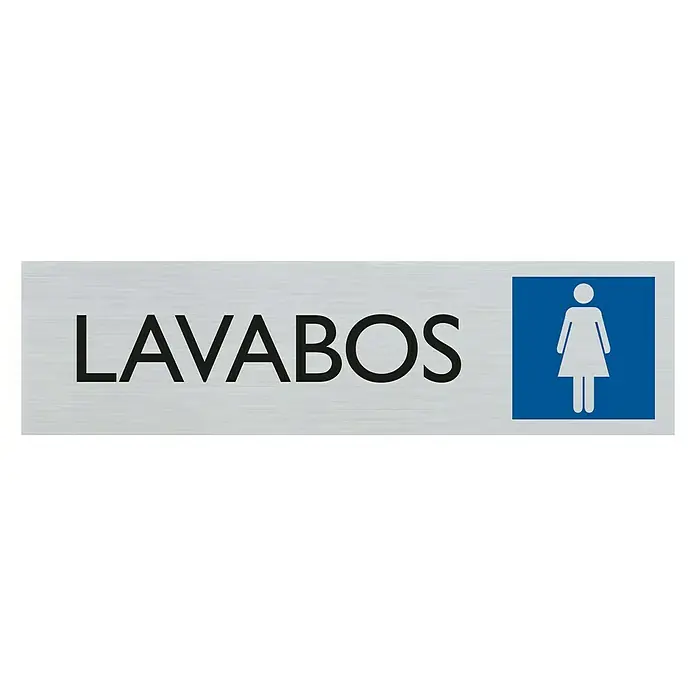 Pickup Rótulo - Plateado, Motivo: Lavabo para mujeres - Un letrero plateado dice "LAVABOS" con un pictograma azul de baño de mujeres, señalización direccional.