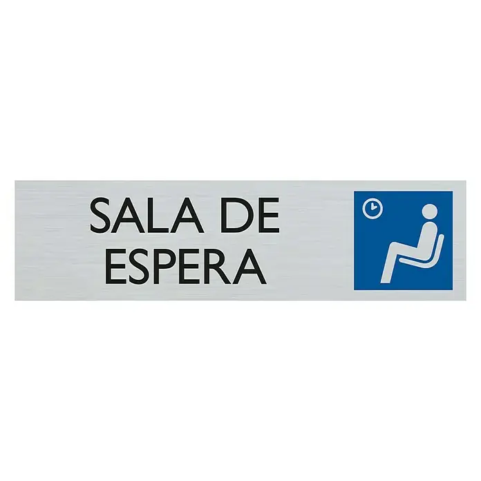 Pickup Rótulo - Plateado, Motivo: Sala de espera, 16,5 x 4,4 cm - Señal con la leyenda "SALA DE ESPERA" y un símbolo que indica una sala de espera.