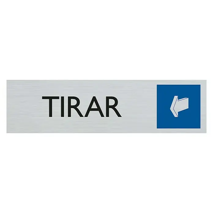 Pickup Rótulo - Plateado, Motivo: Tirar, 16,5 x 4,4 cm - Un letrero plateado que dice "TIRAR" con un cuadrado azul que contiene una flecha blanca, que indica la dirección para tirar.