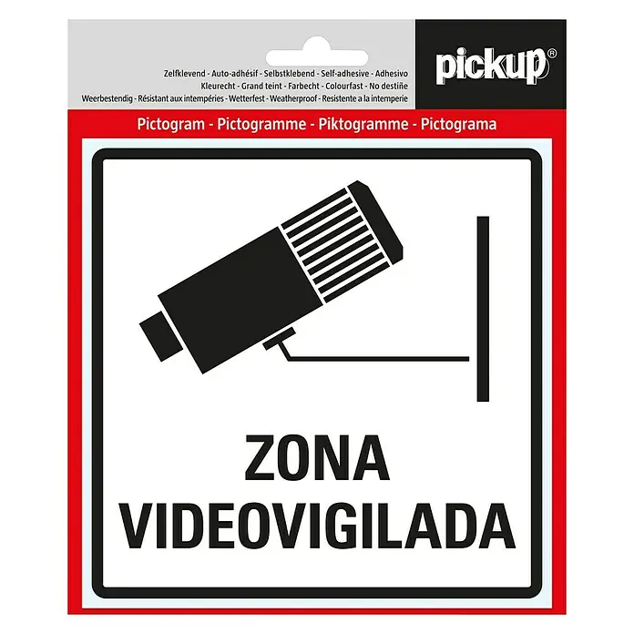 Pickup Etiqueta adhesiva - Motivo: Zona videovigilada, Blanco - La imagen muestra una señal de advertencia "Pickup" con una cámara de seguridad y el texto "ZONA VIDEOVIGILADA".