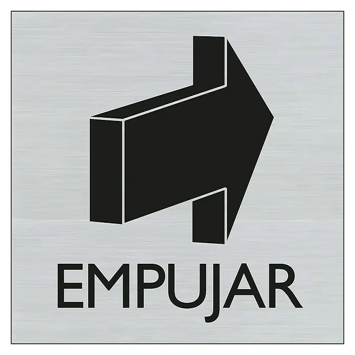 Pickup Rótulo - Plateado, Motivo: Empujar, 8 x 8 cm - Un letrero con una flecha negra apuntando a la derecha y la palabra "EMPUJAR" en letras mayúsculas.