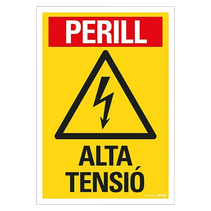 Pickup Señal de precaución catalán - Motivo: Precaución Alta Tensión, L x An: 33 x 23 cm - Señal de advertencia "Alta Tensión" con símbolo de rayo y letrero rojo "Perill", advirtiendo de los posibles peligros de la alta tensión eléctrica.