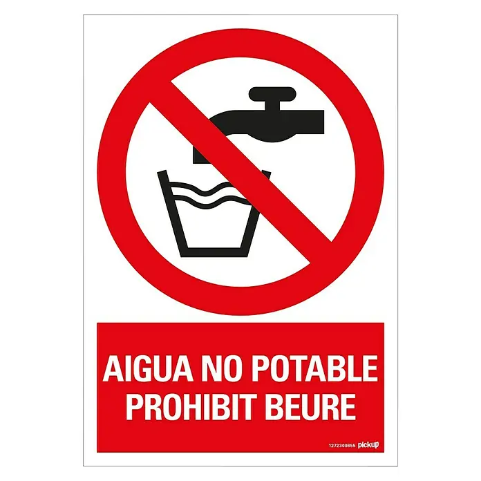 Pickup Señal de precaución catalán - Motivo: Agua no poteble. Prohibido beber., L x An: 33 x 23 cm - Señal de advertencia "Agua no potable" con círculo rojo y símbolo de prohibición de agua potable.