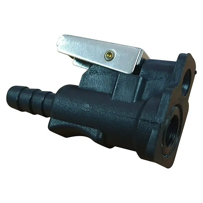 Motoranschluß Quick Connector - Geeignet für: Motoren ME/MA/YAM mit Brennstoffleitung 8 mm - Schwarzer Kraftstoffleitungs-Schnellverbinder mit silberfarbenem Verriegelungsmechanismus, ideal für den schnellen Austausch von Kraftstoffleitungen.