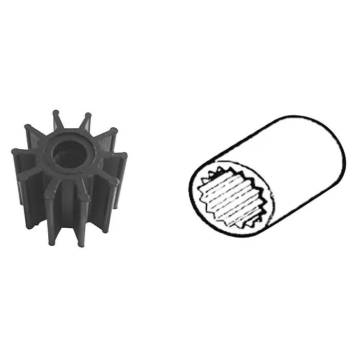 CEF Impeller 500133 G - Ø x L: 57,18 x 50,25 mm, Wellendurchmesser: 14,2 mm - Bild zeigt eine Impellerpumpe und eine Antriebswelle. Perfekt für industrielle Anwendungen, hohe Leistung und Zuverlässigkeit.