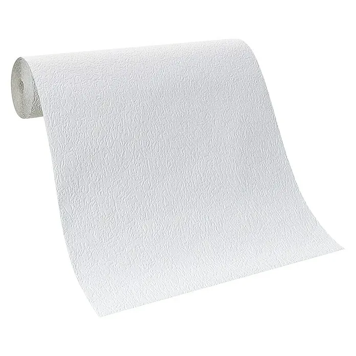 Rasch Papiertapete Struktur - Weiß, Uni, 20 x 0,53 m - Nahaufnahme einer Rolle weißer, strukturierter Tapete auf schwarzem Hintergrund.