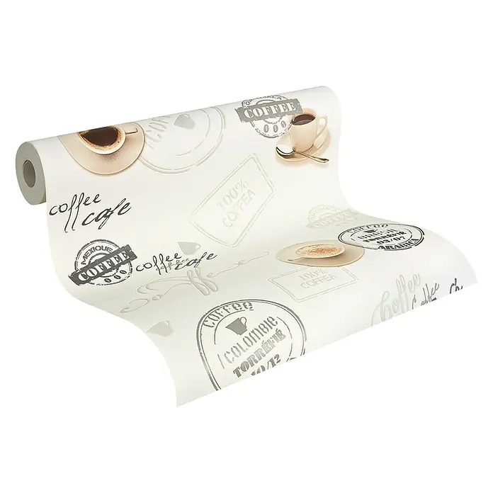A.S. Création Vliestapete Coffee - Beige/Braun/Creme, Grafisch, 10,05 x 0,53 m - Eine Rolle Kaffee-Motivtapete, ideal für Küche oder Café, mit verschiedenen Kaffeetassen- und Schriftzug-Designs.