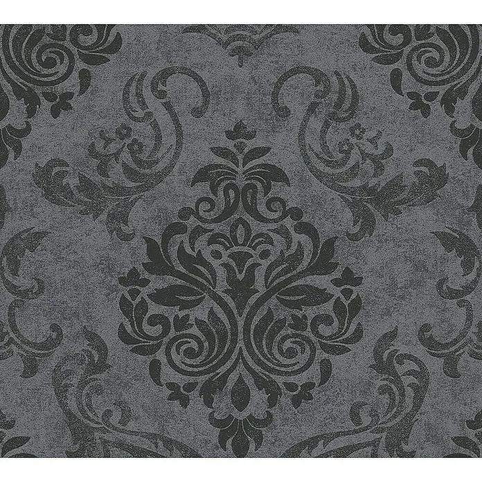 A.S. Création Vliestapete Memory 2 - Schwarz, Ornament, 10,05 x 0,53 m - Eine Nahaufnahme einer grauen Tapete mit einem üppigen, dunkleren Damastmuster. Die detaillierten Verzierungen sorgen für einen eleganten Akzent.