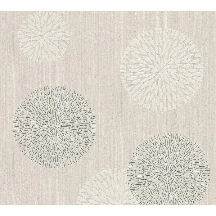 A.S. Création Vliestapete Blütenmuster - Beige, Floral, 10,05 x 0,53 m - Elegante Tapete mit floralem Muster. Die Tapete zeigt stilisierte Blütenkreise in Beige- und Grautönen auf einem dezent strukturierten Hintergrund.