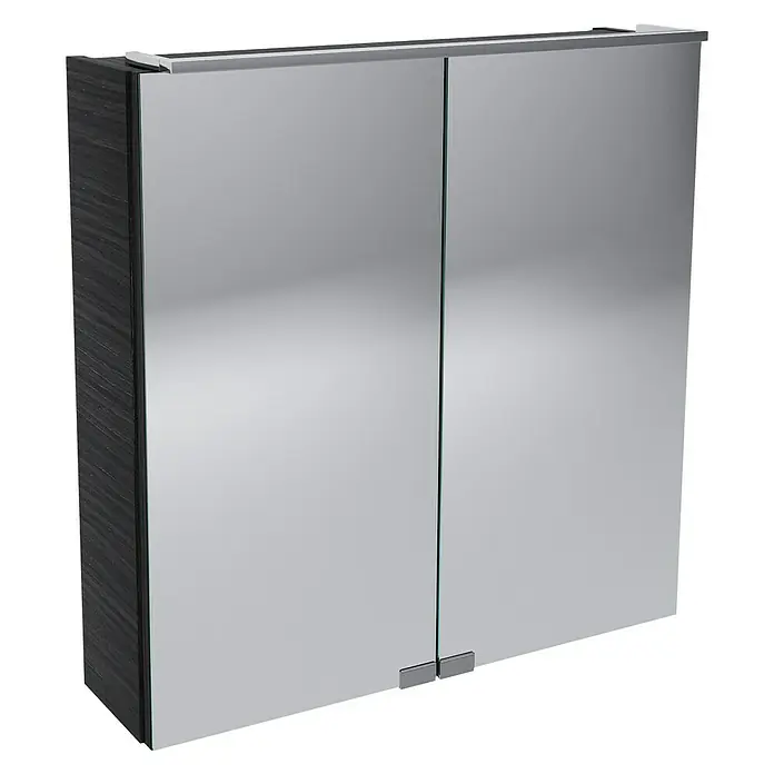 Camargue Stella LED-Spiegelschrank - B x H: 60 x 68,4 cm, Mit Beleuchtung, Dark Oak - Doppeltüriger Spiegelschrank mit Holzrahmen und einer silbernen Leiste oben.