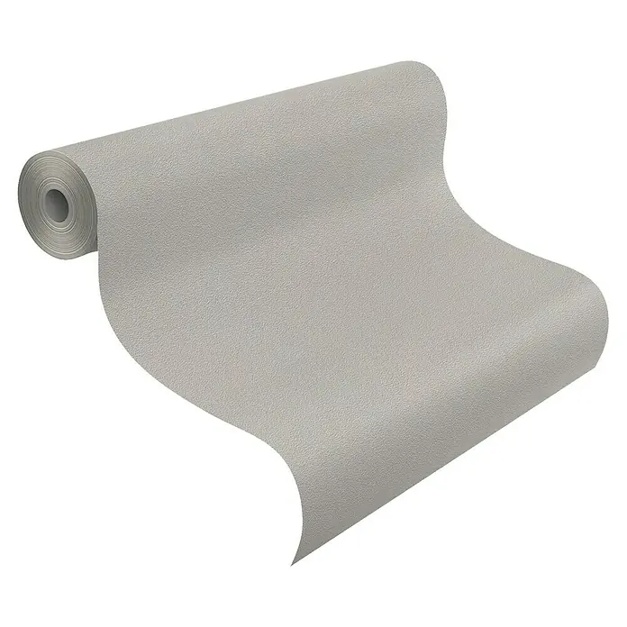 Rasch Vliestapete - Braun/Erdtöne/Taupe, Uni, 10,05 x 0,53 m, Feine Struktur - Nahaufnahme einer Rolle grauer, strukturierter Tapete, die ausgerollt ist. Ideal für moderne Raumgestaltung.