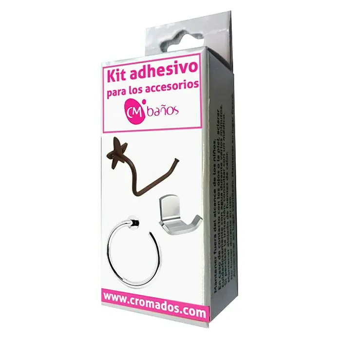 CM Baños Kit de fijación genérico KITACC - Apto para: Utensilios de baño - Primer plano de un paquete de accesorios de baño adhesivos, incluyendo ganchos y toallero, ideal para la organización del baño.