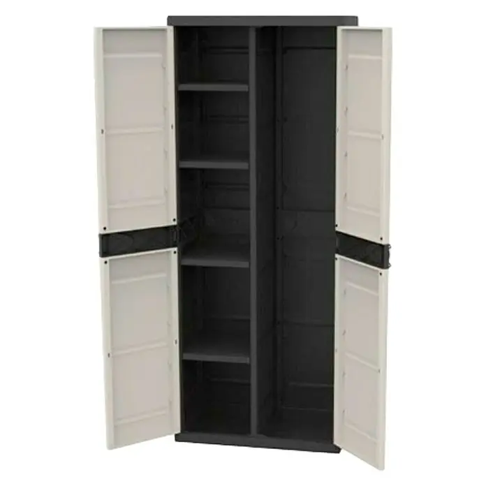 Plastiken Titanium Armario multiusos de plástico  escobero - L x An x Al: 44 x 70 x 176 cm, Gris/Negro - Foto de un armario de almacenamiento de dos puertas abierto con múltiples estantes. Ideal para organizar cosas en casa.