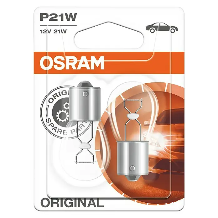 Osram Blink- & Bremslichtlampe - P21W, 2 Stk. - Ein Osram P21W 12V 21W Original-Ersatzteil für Autos, verpackt in einer Blisterverpackung mit Produktinformationen.
