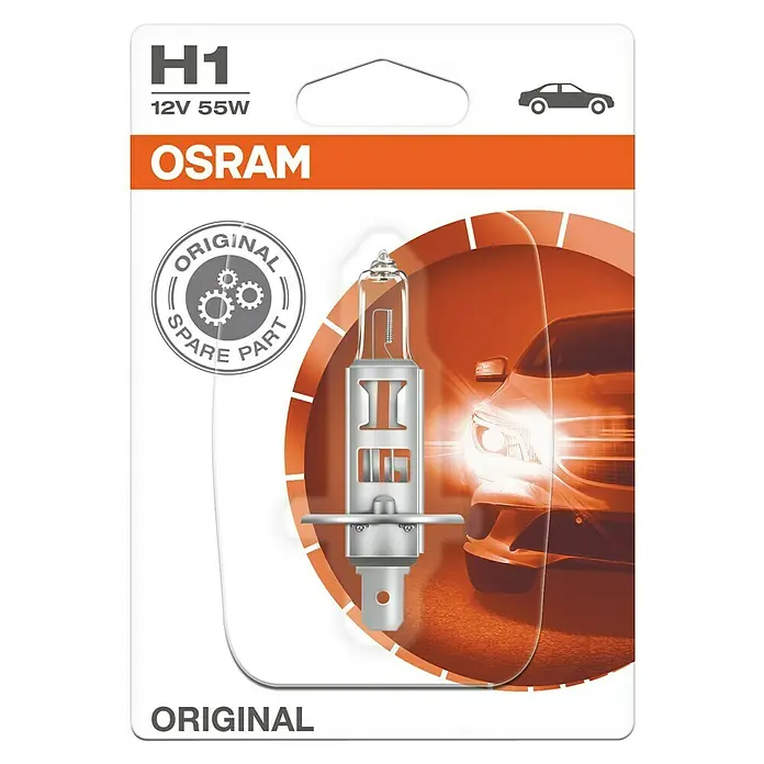 Osram Original Line Halogen-Scheinwerferlampe - H1, 1 Stk. - Abbildung einer OSRAM H1 12V 55W Original-Halogenlampe für Autos, verpackt in einer robusten, markenspezifischen Verpackung mit Fahrzeugsymbol.