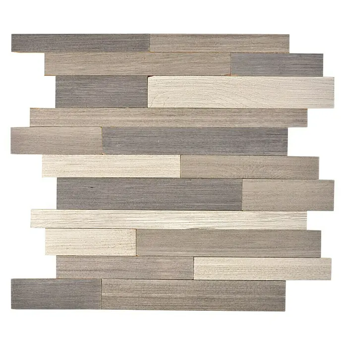 Selbstklebemosaik Woodland SWM PW3 - 30 x 30 cm, Grau, Matt - Dieses Bild zeigt eine elegante Wandverkleidung aus Holzpaneelen in verschiedenen Grautönen, die eine moderne und stilvolle Optik erzeugen.