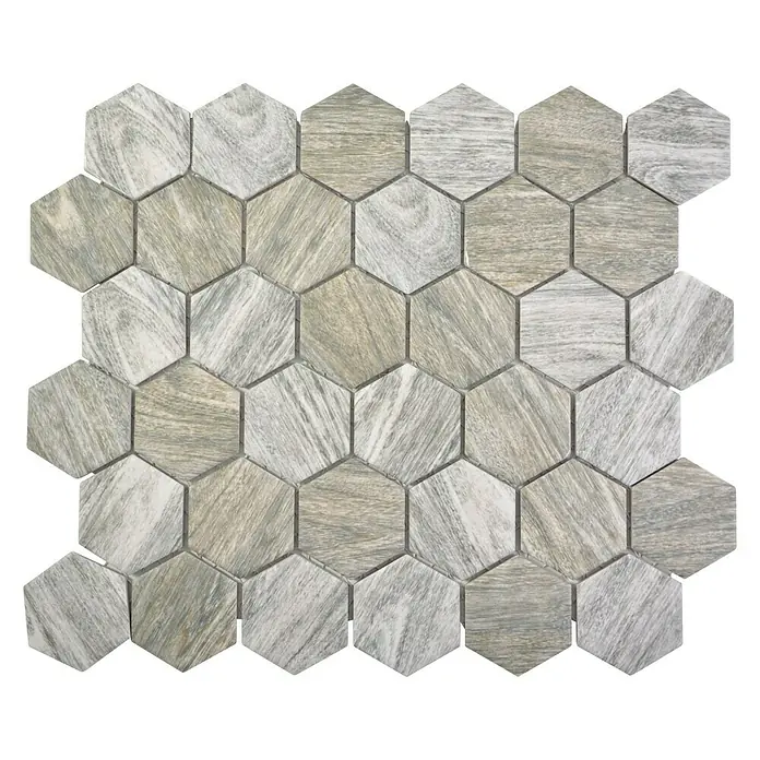 Mosaikfliese Hexagon HX CURIO HG - 32,5 x 28,1 cm, Grau, Matt - Sechseckige Fliesen aus Holz mit schattierten Farben, die jedem Raum einen Hauch von natürlicher Eleganz verleihen. Perfekt für stilvolle Oberflächen.