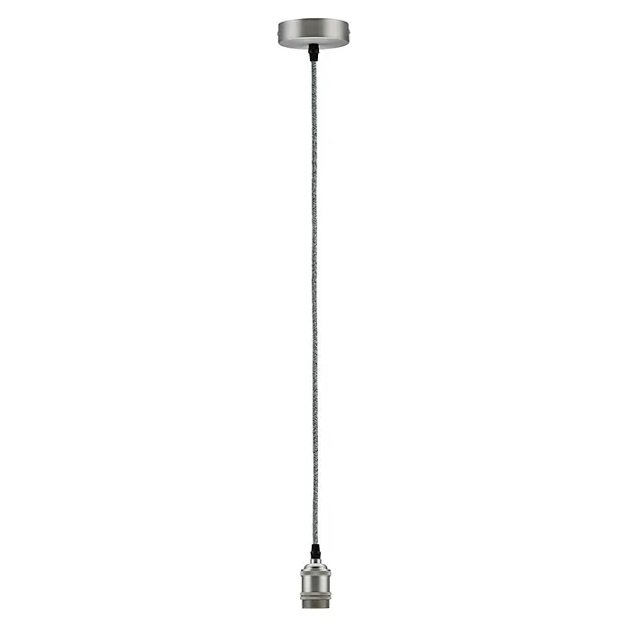Paulmann Neordic Lampenpendel Eldar - Grau, 200 cm, 20 W, E27 - Nahaufnahme einer Pendelleuchte mit silbernem Baldachin, gemustertem Kabel und Lampenfassung vor schwarzem Hintergrund.