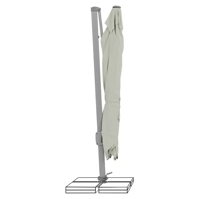 Suncomfort Ampelschirm Sunflex - Hellgrau, Bespannungsmaß (L x B): 300 x 300 cm - Bild eines zusammengeklappten Ampelschirmes in Beige mit grauem Ständer auf einer weißen Steinplatte. Der hochwertige Schirm spendet Schatten.