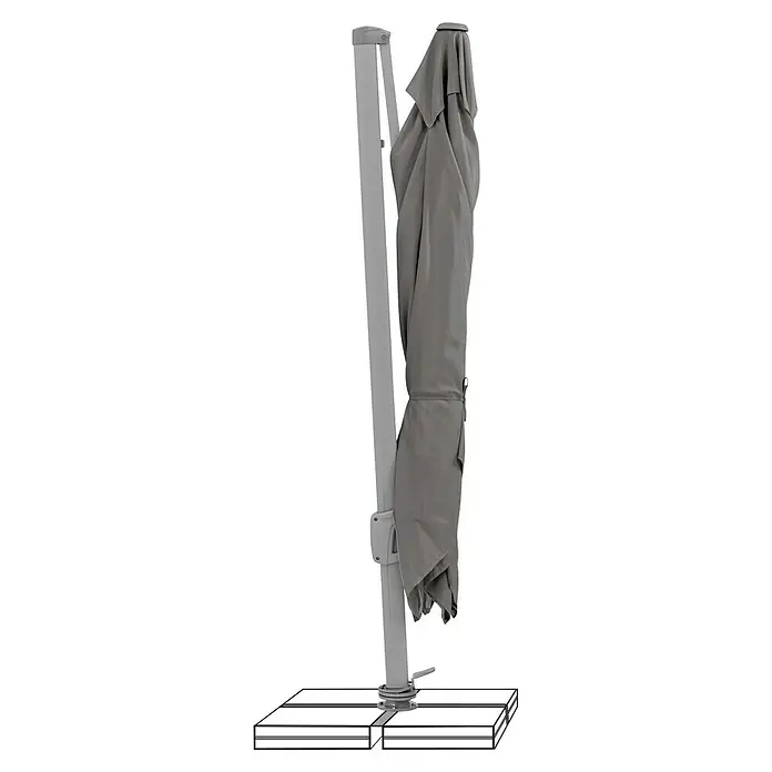 Suncomfort Ampelschirm Sunflex - Steingrau, Bespannungsmaß (L x B): 300 x 300 cm - Grauer Ampelschirm in geschlossenem Zustand mit grauem Ständer und angedeutetem Steinplatten-Sockel. Perfekt für Schatten.