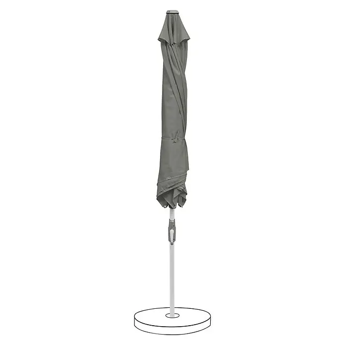 Suncomfort Marktschirm rund Slide - Steingrau, Durchmesser Bespannung: 250 cm - Eine geschlossener, grauer Sonnenschirm mit weißem Ständer auf einer runden, weißen Basis. Ideal für den Garten.