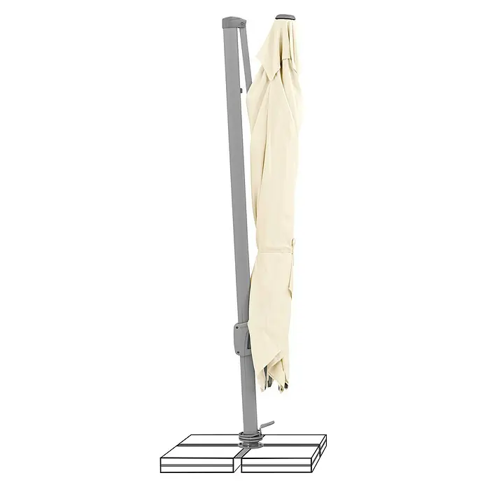 Suncomfort Ampelschirm Sunflex - Ecru, Bespannungsmaß (L x B): 300 x 300 cm - Geschlossener Sonnenschirm an einem grauen Mast mit Basis. Ideal für den Garten, spendet Schatten und ist platzsparend verstaubar.