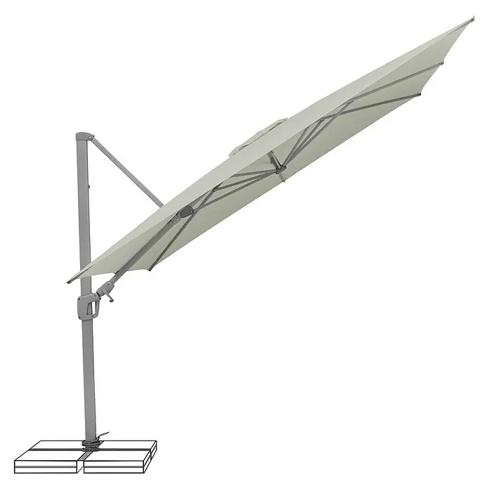 Suncomfort Ampelschirm Sunflex - Hellgrau, Bespannungsmaß (L x B): 300 x 300 cm - Nahaufnahme eines freitragenden Sonnenschirms mit grauem Gestell und hellbeigem Schirm, der auf quadratischen Gewichten steht.