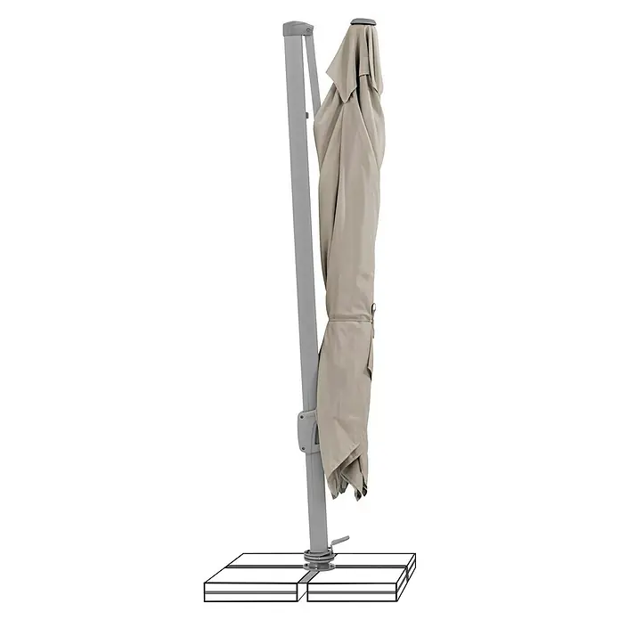 Suncomfort Ampelschirm Sunflex - Light Taupe, Bespannungsmaß (L x B): 300 x 300 cm - Detailaufnahme eines geschlossenen, beigefarbenen Ampelschirm mit grauem Ständer und Fuß. Ideal für den Garten oder die Terrasse.