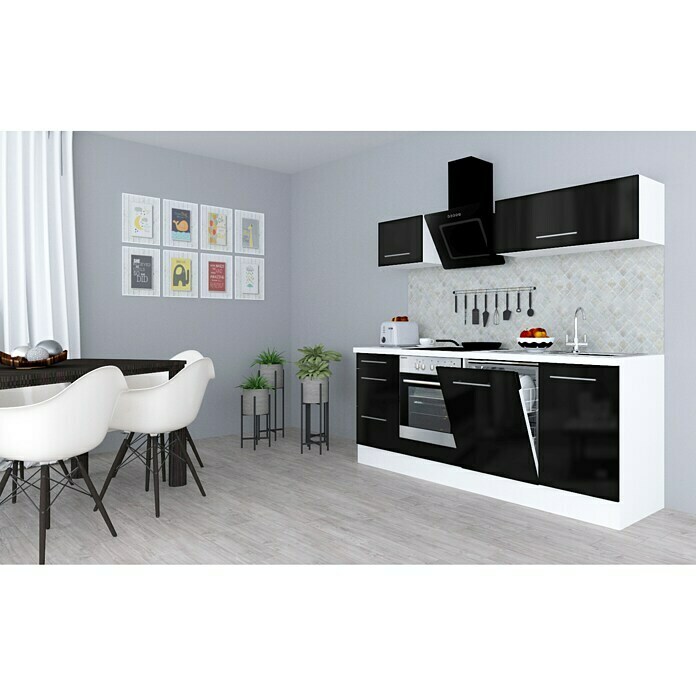 Respekta Premium Composición de cocina (Ancho: 220 cm, Con dispositivos eléctricos, Negro de alto brillo)
