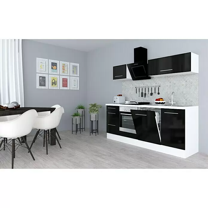 Respekta Premium Composición de cocina Amanda - Ancho: 220 cm, Blanco/Negro, Con electrodomésticos - Muebles de cocina modernos negros y blancos brillantes con encimera blanca, horno empotrado y lavavajillas abierto en una cocina/comedor.