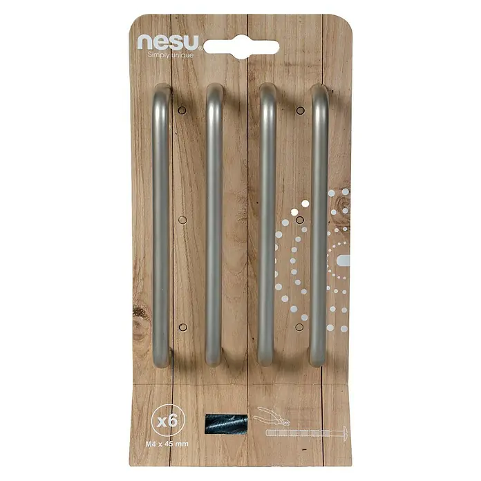 Nesu Tirador para muebles 648 - Distancia entre orificios: 128 mm, Niquel, 4 ud. - Un paquete de tiradores para muebles "nesu" con cuatro tiradores plateados en forma de varilla sobre un fondo de madera, con tornillos.