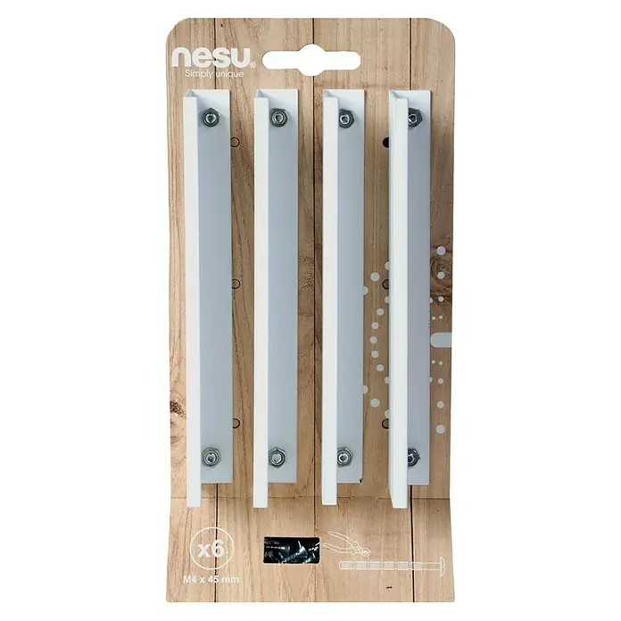 Nesu Tirador para muebles Zeno - Distancia entre orificios: 128 mm, Blanco, 4 ud. - Paquete de cuatro soportes para estantes Nesu blancos, completos con tornillos para una instalación fácil y segura.