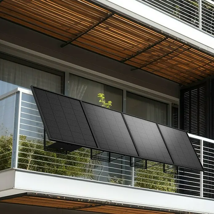 Avidsen Panel solar Soria - L x An x Al: 25 x 760 x 680 mm - Paneles solares en un balcón. Los paneles son negros y están montados en un marco de metal para capturar la luz solar.