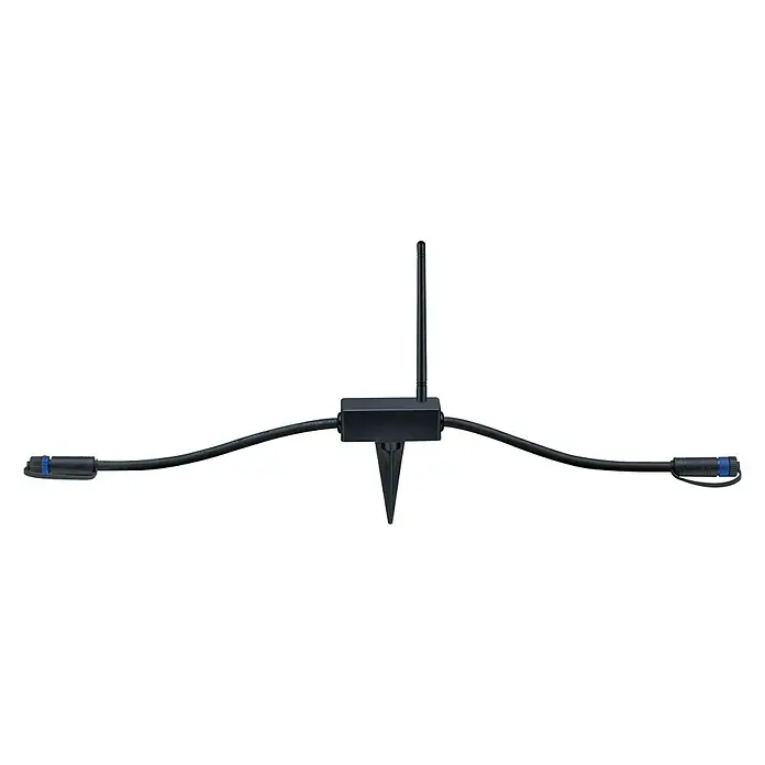 Paulmann Plug & Shine Controller Kabelfrei - Max. Leistung: 75 W - Abbildung eines schwarzen Gartenstrahlers mit zwei Strahlern und Erdspieß auf schwarzem Hintergrund.