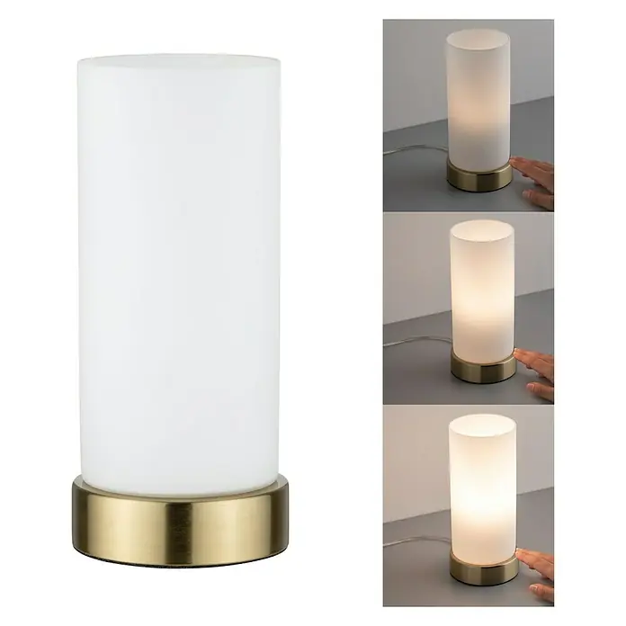 Paulmann Lámpara de sobremesa Pinja - 20 W, L x An x Al: 11 cm x 11 mm x 24,4 cm, Latón, Blanco, E14 - Lámpara de mesa en forma de cilindro con base de latón, operada en tres niveles de brillo mediante el tacto.