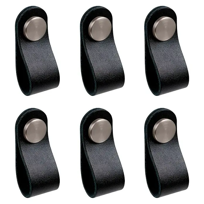 Nesu Pomo para muebles Piel - Negro, 6 ud. - Primer plano de seis tiradores de cuero negro con pomos plateados sobre fondo negro, ideales para mejorar muebles.