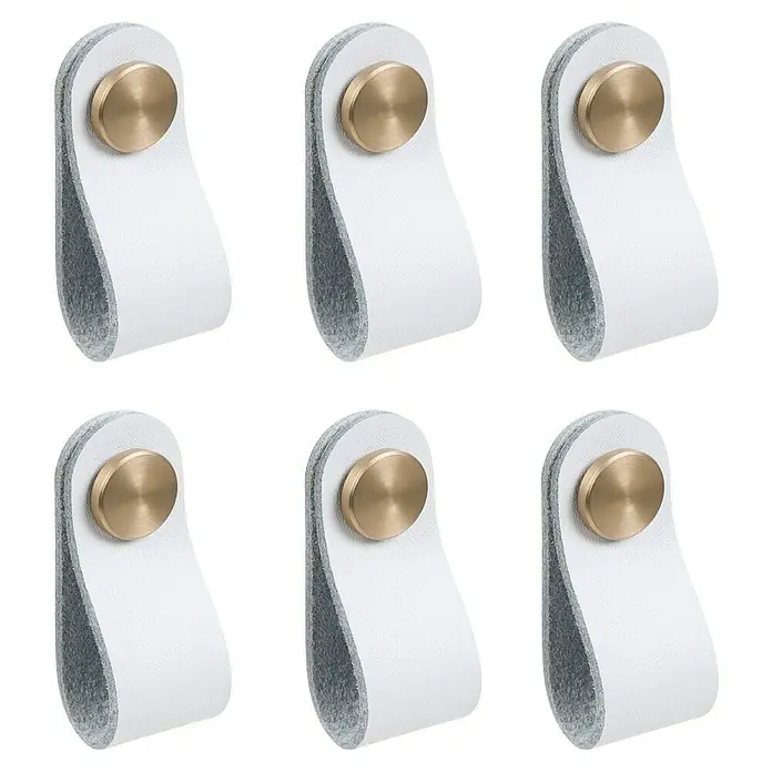 Nesu Pomo para muebles Piel - Blanco, 6 ud. - Seis tiradores de cuero blanco con pomos de latón, ideales para cajones y armarios. Un toque elegante.