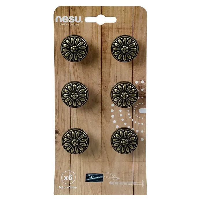 Nesu Pomo para muebles Pétalo - Ø x Al: 31 x 20 mm, Cuero viejo, 6 ud. - Paquete de seis pomos de muebles color bronce con diseño floral para personalizar muebles. Fácil instalación con tornillos incluidos.