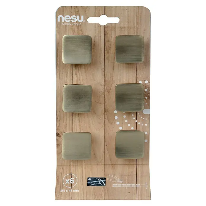 Nesu Pomo para muebles - L x An: 32 x 32 mm, Latón, 6 ud. - Seis pomos cuadrados de muebles color latón en un paquete con aspecto de madera y accesorios. Ideales para modernizar muebles con estilo.