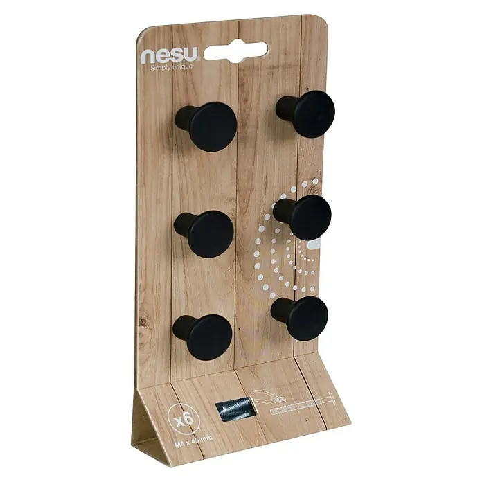 Nesu Pomo para muebles - Ø x Al: 22 x 20 mm, Tipo de tirador del mueble: Otros, Negro, 6 ud. - Un primer plano de un paquete de seis pomos de muebles negros Nesu montados en un panel de madera.