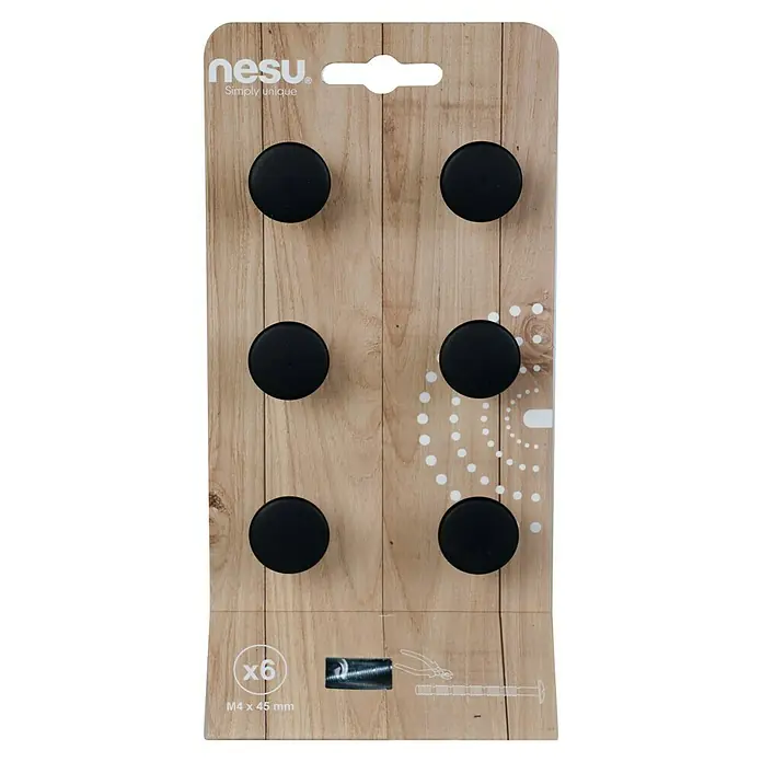 Nesu Pomo para muebles B6-02522 - Tipo de tirador del mueble: Botón, Ø x Al: 23 x 20 mm, Negro, 6 ud. - Un paquete de pomos para muebles Nesu que consta de seis pomos redondos negros dispuestos sobre un fondo de vetas de madera.