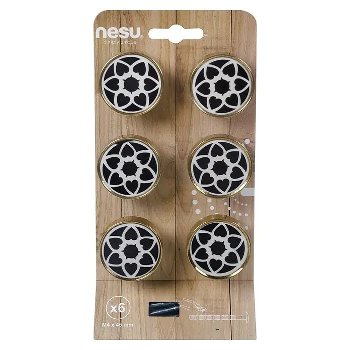 Nesu Pomo para muebles - Diámetro: 40 mm, Dorado/Negro/Blanco, 6 ud. - Un paquete de seis tiradores redondos Nesu con adornos dorados y un diseño de corazón blanco y negro.