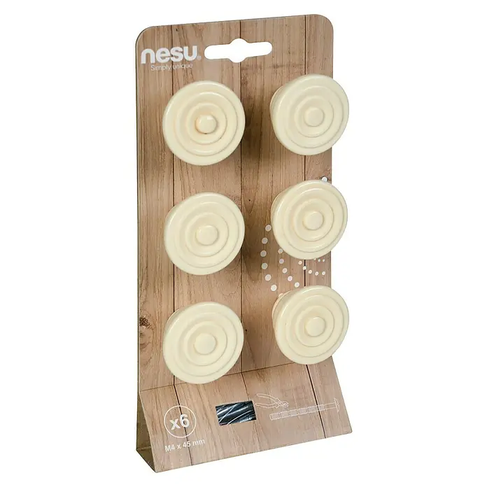 Nesu Pomo para muebles - Diámetro: 40 mm, Hueso, 6 ud. - Un paquete de seis tiradores redondos de color crema de Nesu, fijados a un soporte con aspecto de madera. Se incluyen tornillos para la instalación.